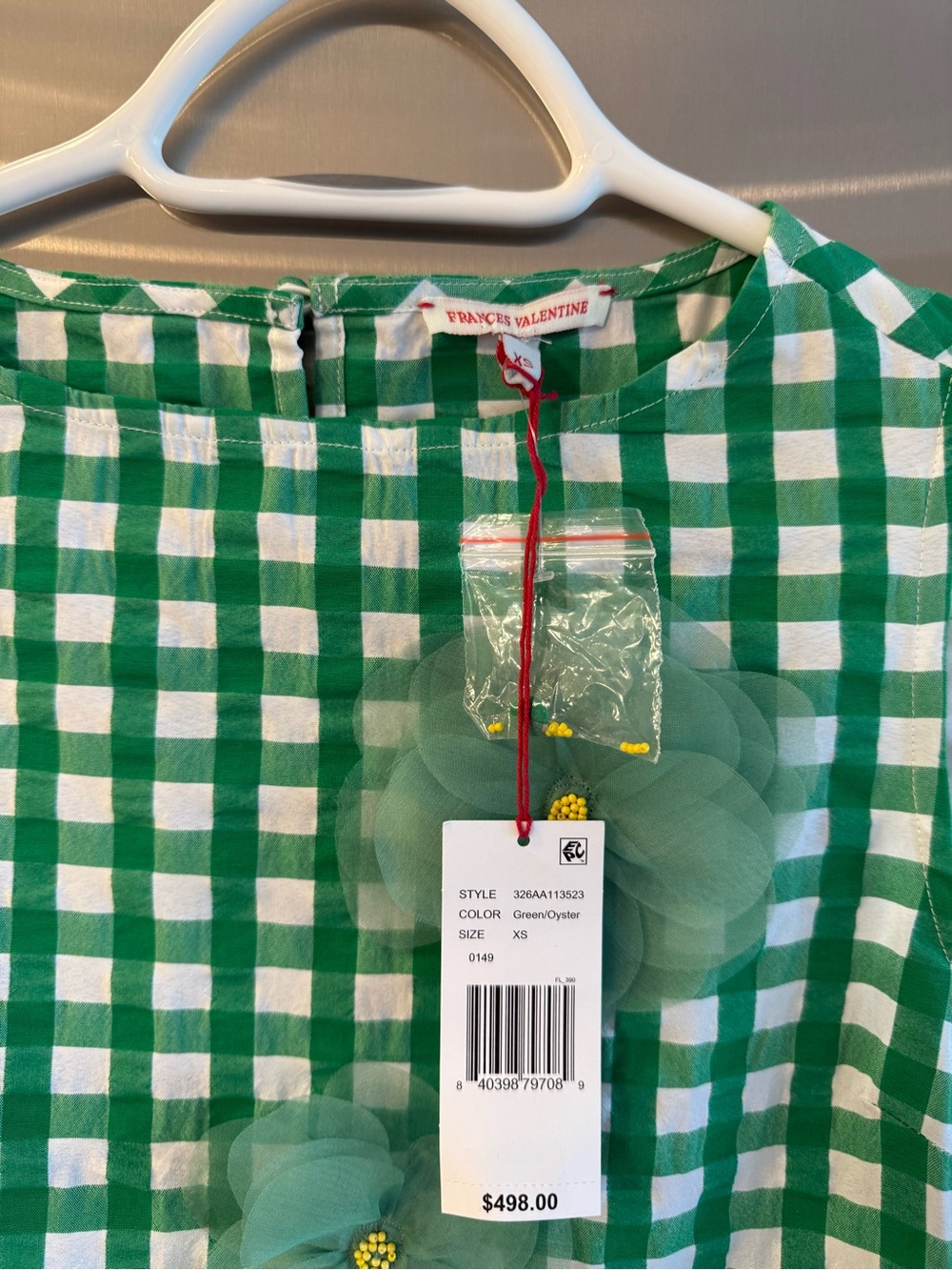 Frances Valentine Green Gingham Midi Dress with 3D Floral Appliqués - Picture 6 of 7